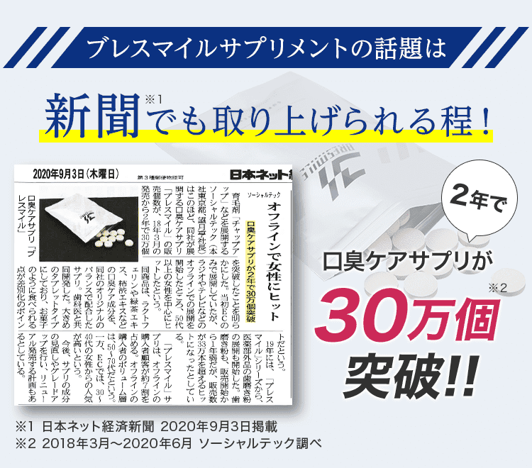 インスタグラムで幅広い年代の女性から嬉しいお声が届いています！さらにブレスマイルサプリメントの話題はSNSだけでなく新聞（※日本ネット経済新聞 2020年9月3日掲載）でも取り上げられる程…！